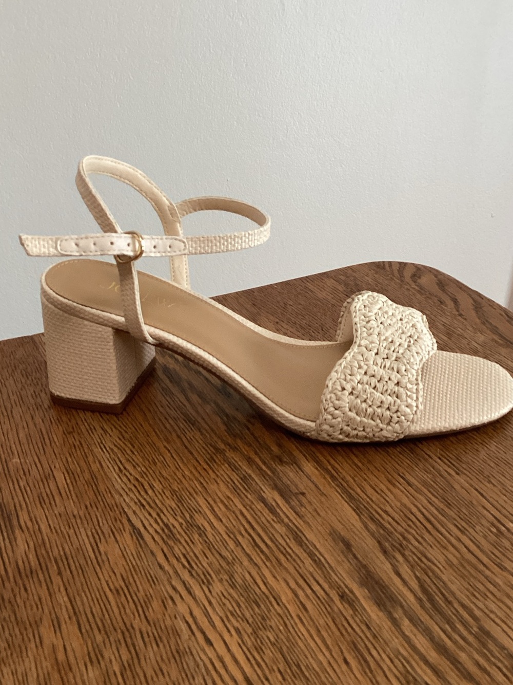 J. Crew Cream Woven Block Heel Sandal with Ankle Strap